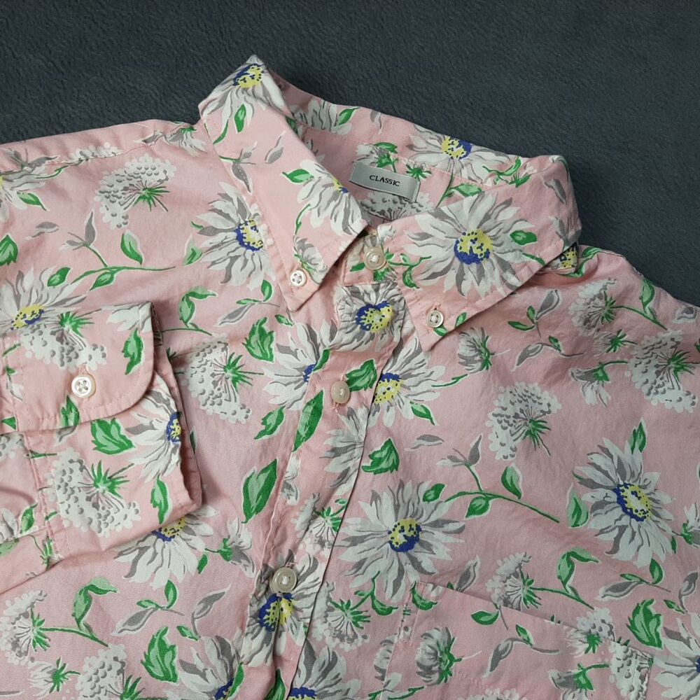 J Crew Shirt Mens Large Pink Secret Wash Floral Print Classic Button Down Pocket